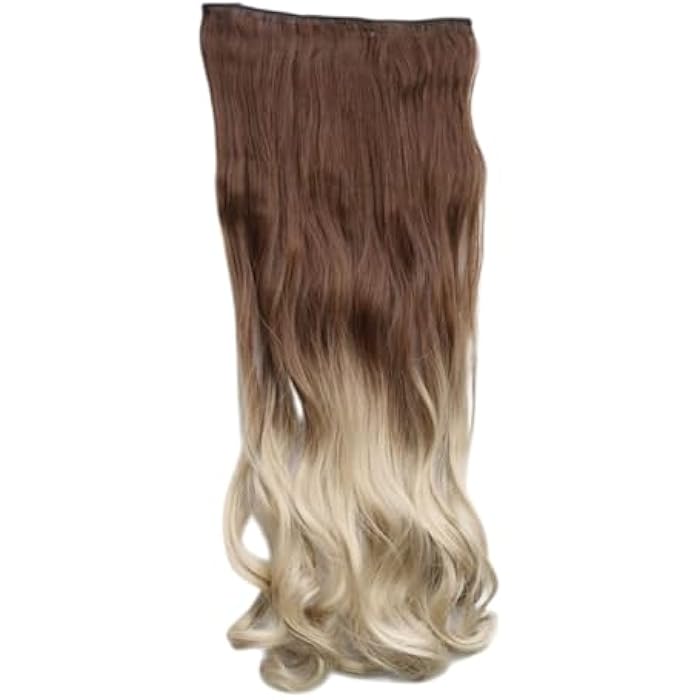 Clip-in Hair Extensions, Ombre Brown to Blonde, Long Wavy Synthetic Hair, Heat Resistant Hairpiece for Women